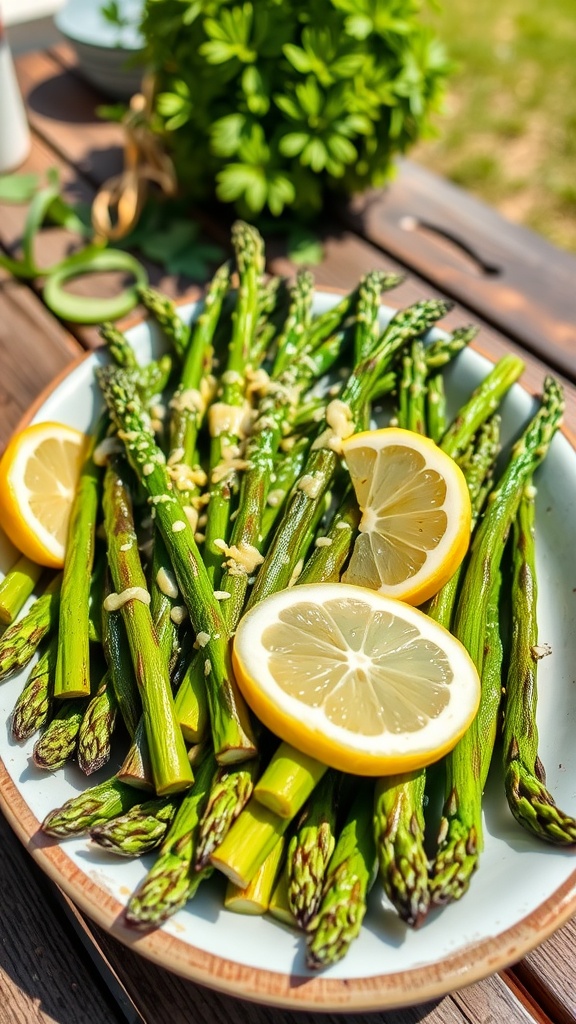Grilled asparagus spears with lemon and garlic dressing on a rustic plate, garnished with lemon wedges.